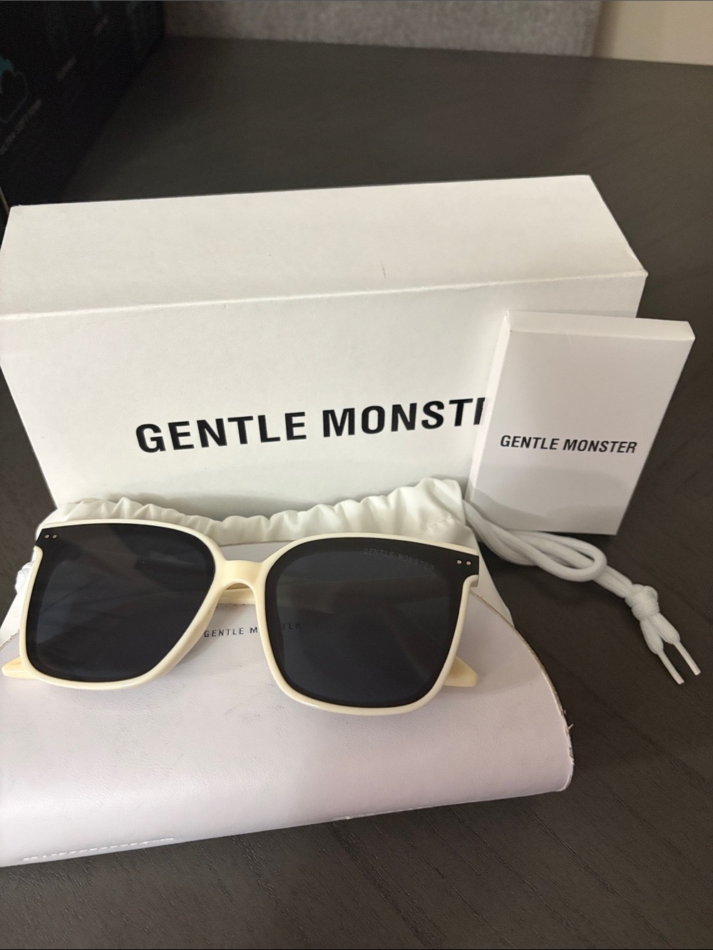 Cream Square Frame Sunglasses Black Lenses Unisex Used